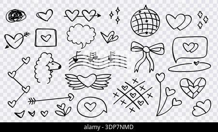 Valentinstag Doodles Set mit handgezeichneten Herzelementen. Vektorabbildung Stock Vektor