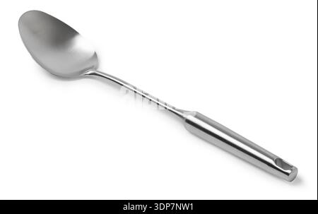Polierter Edelstahl Servierlöffel Küchenutensil isoliert auf weißem Hintergrund Stockfoto