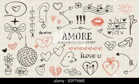 Sammlung handgezeichneter Valentinstag-Scrapbook-Elemente, darunter Herzen, Lippen und romantische Kritzeleien auf einem Gitterpapier-Hintergrund. Stock Vektor