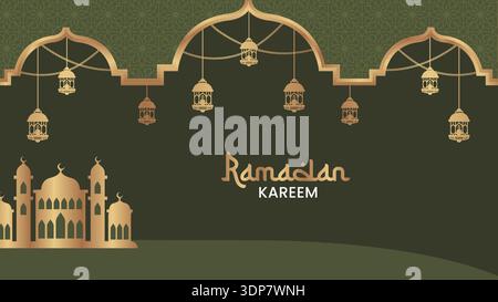 Ramadan Kareem islamischer Hintergrund mit Moschee und goldenen Laternen. Vektorabbildung Stock Vektor