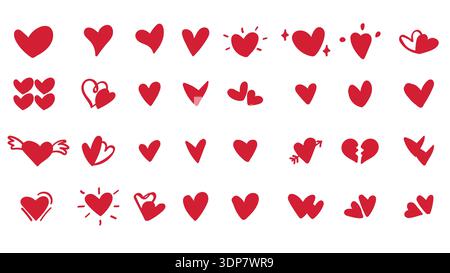 Handgezeichnete Kritzelherzen. Gemalte herzförmige Elemente für Valentinstag-Grußkarte. Doodle rote Liebesherzen isolierte Vektor-Symbole Set. Romantisch Stock Vektor