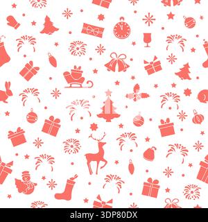 Weihnachtsmotiv mit roten Symbolen, einschließlich Geschenken, Bäumen und Schneeflocken auf weißem Hintergrund Vektor Stock Vektor