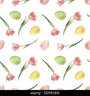 Nahtloses Ostermuster in Aquarellfarben. Handgezeichnete botanische Frühlingsillustration mit rosa Tulpen und bunten Eiern. Floraler Hintergrund für Textilien im Urlaub Stockfoto