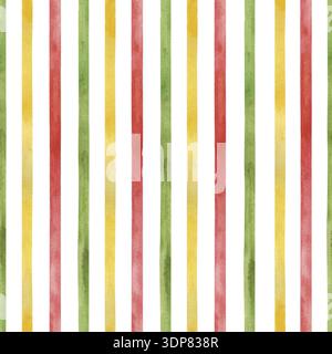 Nahtloses Aquarellmuster mit vertikalen Streifen. Handgezeichnete botanische Frühlingsillustration in grünen, gelben, rosa Farben. Abstrakter Hintergrund für Stockfoto