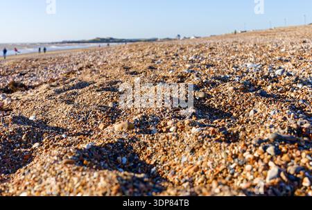 Nahaufnahme eines Kieselstrands am Meer in der Küstenstadt Littlehampton in West Sussex, England, Großbritannien. Stockfoto