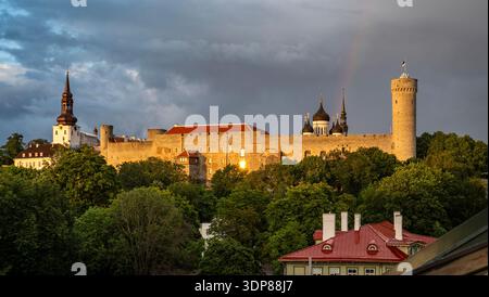 Sonnendurchflutete mittelalterliche Burg und Festungsmauer über grünem Wald unter dramatischen Sturmwolken mit schwachem Regenbogen in der Abenddämmerung, alte Stadtdächer im Nebel Stockfoto