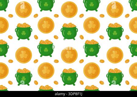Nahtloses St. Patrick Day-Muster mit smaragdgrünen Töpfen aus Gold und Münzen in Form eines Kleebels. Traditionelles irisches Festival, Symbol für Glück und Reichtum. Festliche Tapete für Geschenkverpackungen Stock Vektor