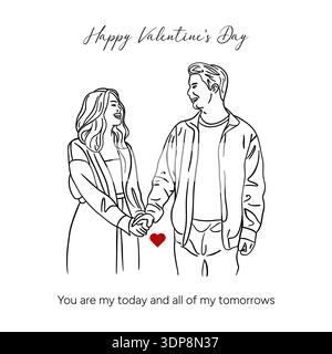 Minimalistischer Valentinstag mit einem romantischen Paar mit eleganten schwarzen Linien. Der einfache Linienstil vermittelt Liebe, Zärtlichkeit und Emotionen Stockfoto