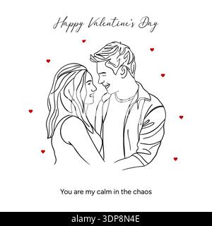 Minimalistischer Valentinstag mit einem romantischen Paar mit eleganten schwarzen Linien. Der einfache Linienstil vermittelt Liebe, Zärtlichkeit und Emotionen Stockfoto