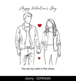 Minimalistischer Valentinstag mit einem romantischen Paar mit eleganten schwarzen Linien. Der einfache Linienstil vermittelt Liebe, Zärtlichkeit und Emotionen Stockfoto