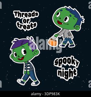 Magischer Tag Halloween. Niedliches Zombie Cartoon Aufkleber Maske Kostüm. Fröhliches und lächelndes, lustiges Monster aus grüner Haut. Line Art-Elemente-Kollektionen Stockfoto