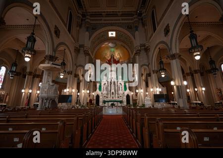 SAN FRANCISCO, KALIFORNIEN - 7. FEBRUAR 2026: Großer Innenblick auf den Altar und das Kirchenschiff in der St. Peter and Paul Church in North Beach Stockfoto