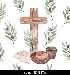 Hölzernes Kreuz mit Brot und Tasse, Olivenzweige, Leinentuch nahtloses Muster isoliert auf weißem Hintergrund. Handgemalte Aquarellillustration Stockfoto