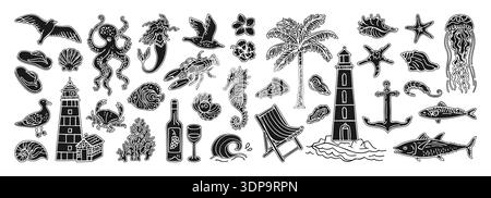 Handgezeichnete Küstenillustration, Ozean Reise Stempel mit Mittelmeer Reise Silhouette Aufkleber. Italienische Sommerstimmung mit Wein, Grunge-Doodle an der Amalfiküste und Meeresfrüchten am Meer Stock Vektor
