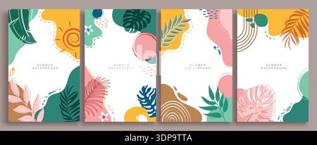 Sommer abstraktes Design des Clipart-Posters im Hintergrund. Sommer Hintergrund Clip Art mit tropischen Blättern in bunten abstrakten Hintergrund für Urlaub Stock Vektor