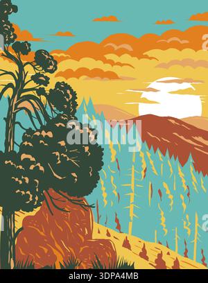WPA-Posterkunst von Mount Shasta und Pilot Rock vom Pacific Crest Trail im Cascade-Siskiyou National Monument in Kalifornien im Werk Stockfoto