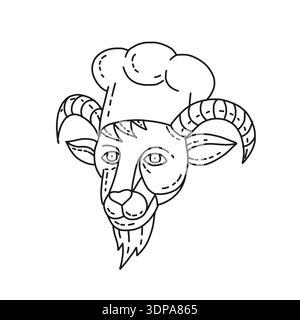 Mono-Linie Illustration eines Köpfchens des Bergziegen-Kochs, -Kochs oder -Bäckers in schwarz-weiß-Monoline-Stil Stockfoto