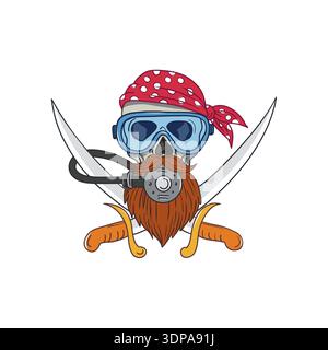 Zeichnung Skizze stil Abbildung: ein Pirat Totenkopf mit Hippie Bart und trug ein Taucher oder Taucherbrille und Regler mit gekreuzten Schwert oder entersäbel Stockfoto