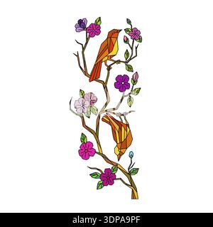 Illustration eines japanischen Weißaugenvogels, der auf Kirschblüte oder Sakura-Baumzweig auf isoliertem Hintergrund thront Stockfoto