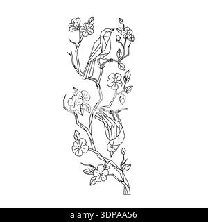 Niedrige Polygonartige Illustration japanischer Weißaugenvögel auf einem Zweig des Sakura-Kirschblütenbaums auf isoliertem Hintergrund in Schwarz-weiß Stockfoto