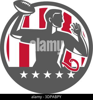 Abbildung eines Fahnenfußballspielers QB, der den Ball von der Seite aus durchläuft, im Kreis mit Sternen und Streifen im Hintergrund in Retro s Stockfoto