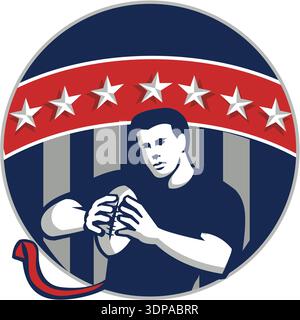 Abbildung eines Fahnenfußballspielers QB, der Ball hält, der im Kreis mit Sternen und Streifen im Hintergrund im Retro-Stil läuft Stockfoto
