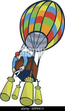 Illustration eines Mannes, der Ballast des Heißluftballons mit einem Paar Schere aus einem niedrigen Winkel auf isoliertem weißem Hintergrund im Retro-styl schneidet Stockfoto