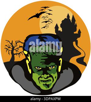 Illustration von Frankenstein vor dem Hintergrund des Haunted House im Retro-Stil Stockfoto