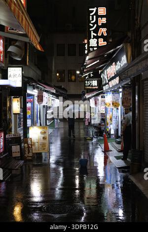 Die Shinjuku-Straßen in einer regnerischen Nacht in Tokio, Japan im Jahr 2019 Stockfoto