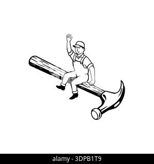 Cartoon-Stil Illustration eines Zimmermanns, Bauherren oder Handwerker auf einem Hammer sitzen winken Hallo auf isolierten Hintergrund in schwarz-weißen Retro s getan Stockfoto