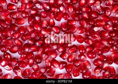 Helle Granatapfelkerne schmücken die Gebäckgarnitur, saftige Kugeln stehen im Kontrast zu cremigen Texturen, die für kulinarische Portfolios, Superfood-Appeal und Anti-Anti-Effekt sorgen Stockfoto