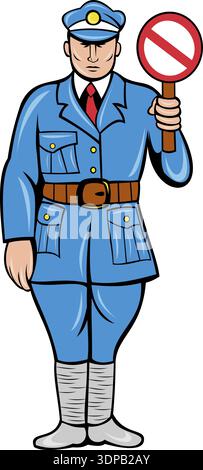 Illustration eines Polizisten oder Polizisten im Retro-Stil mit Stoppschild in Vorderansicht Stockfoto