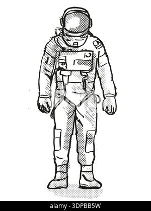 Retro Cartoon Stil Zeichnung eines Vintage Astronaut oder spaceman tragen Raumanzug von vorne auf dem isolierten weißen Hintergrund mit halb fertig gesehen-Ton tun Stockfoto