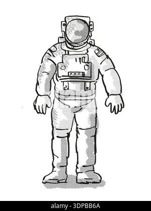 Retro Cartoon Stil Zeichnung eines Vintage Astronaut oder spaceman tragen Raumanzug von vorne auf dem isolierten weißen Hintergrund mit halb fertig gesehen-Ton tun Stockfoto