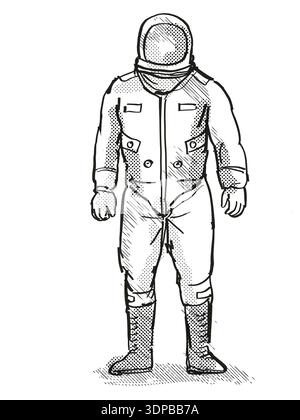 Retro Cartoon Stil Zeichnung eines Vintage Astronaut oder spaceman tragen Raumanzug von vorne auf dem isolierten weißen Hintergrund mit halb fertig gesehen-Ton tun Stockfoto