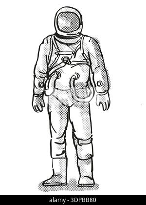 Retro Cartoon Stil Zeichnung eines Vintage Astronaut oder spaceman tragen Raumanzug von vorne auf dem isolierten weißen Hintergrund mit halb fertig gesehen-Ton tun Stockfoto