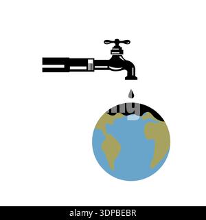 Illustration im Retro-Stil einer Wasserleitung mit Wasserhahn, Hahn oder Leitungswasser, das auf der Weltkugel auf isoliertem Hintergrund tropft Stockfoto
