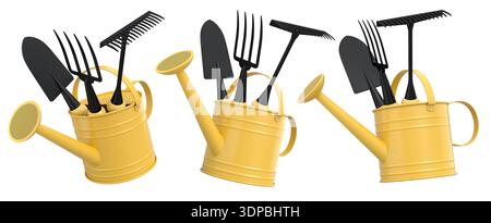 Gartenwerkzeuge wie Schaufel, Gabel und Rechen in Gießkannen, isoliert auf weißem Gartenkonzept. Stockfoto