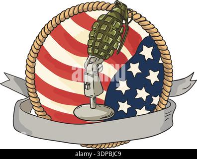 Illustration eines Weltkrieges zwei Granaten montiert auf einem Vintage Mikrofonständer mit USA-Sternen und Streifen Flagge im Hintergrund mit Band Scroll Ban Stockfoto