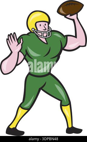 Illustration eines american Football Gridiron Quarterback Qb Wurfball auf isoliertem weißem Hintergrund im Cartoon-Stil Stockfoto