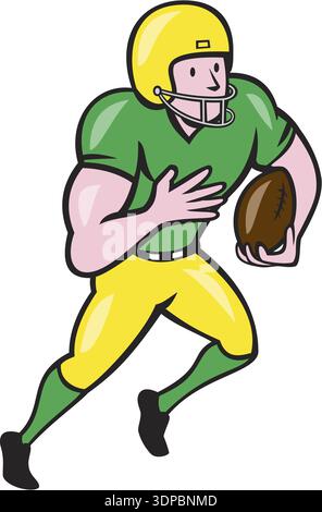 Illustration eines american Football Gridiron Wide Receiver Spielers, der mit Ball auf isoliertem weißem Hintergrund läuft, im Zeichentrickstil Stockfoto