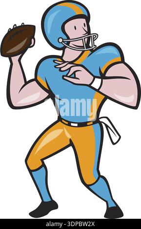 Illustration eines american Football Gridiron Quarterback Spielers, der Ball auf der gegenüberliegenden Seite auf isoliertem Hintergrund wirft, im Cartoon-Stil Stockfoto