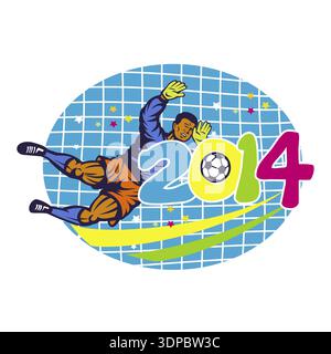 Abbildung eines brasilianischen Fußballspielers, der Fußball mit brasilianischer Flagge im Hintergrund tritt, mit Zahlen 2014 im Retro-Stil Stockfoto