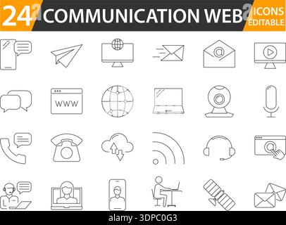 Symbole Für Moderne Webkommunikation, Chat, E-Mail, Cloud-Netzwerk. Digital Web Communication Icons Pack, Messaging, Konnektivität Online Interactio Stock Vektor