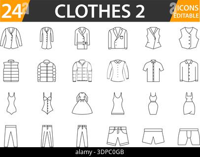 Moderne, minimalistische Kollektion von Bekleidungssymbolen für Web- und App-UI. Editierbares Line Fashion Apparel Icons Pack isoliert auf weiß. Trendige Garderobe Outline Sym Stock Vektor