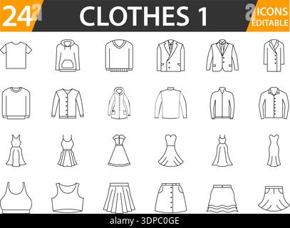 Moderne, minimalistische Kollektion von Bekleidungssymbolen für Web- und App-UI. Editierbares Line Fashion Apparel Icons Pack isoliert auf weiß. Trendige Garderobe Outline Sym Stock Vektor
