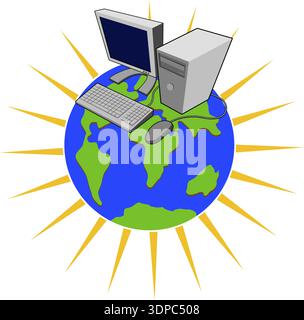 Abbildung eines Computer-Tastatur-Maus-pcs auf einer Welt auf einer Kugel isoliert auf weißem Hintergrund im Retro-Stil Stockfoto