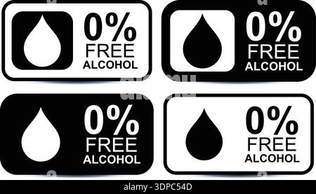 0% Alcohol Free Zertifizierung Badge Collection mit Flüssigkeitstropfen Icons für Hautpflege, Kosmetik und Getränkeverpackungen Stock Vektor