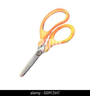 Geschlossene gelbe Schere mit abgerundeten Spitzen. Handgemalte Aquarellillustration isoliert auf weißem Hintergrund für Schuldesign, handwerkliches Branding Stockfoto