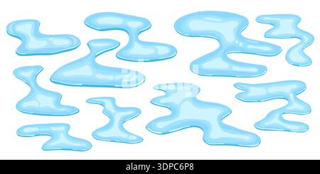 Weiche blaue Puddlespritzer im Aquarellstil mit glatten, welligen Kanten. Flüssiges Wasser Vektorformen Set für Hintergründe Rahmen Blobs und einfache organische Stock Vektor